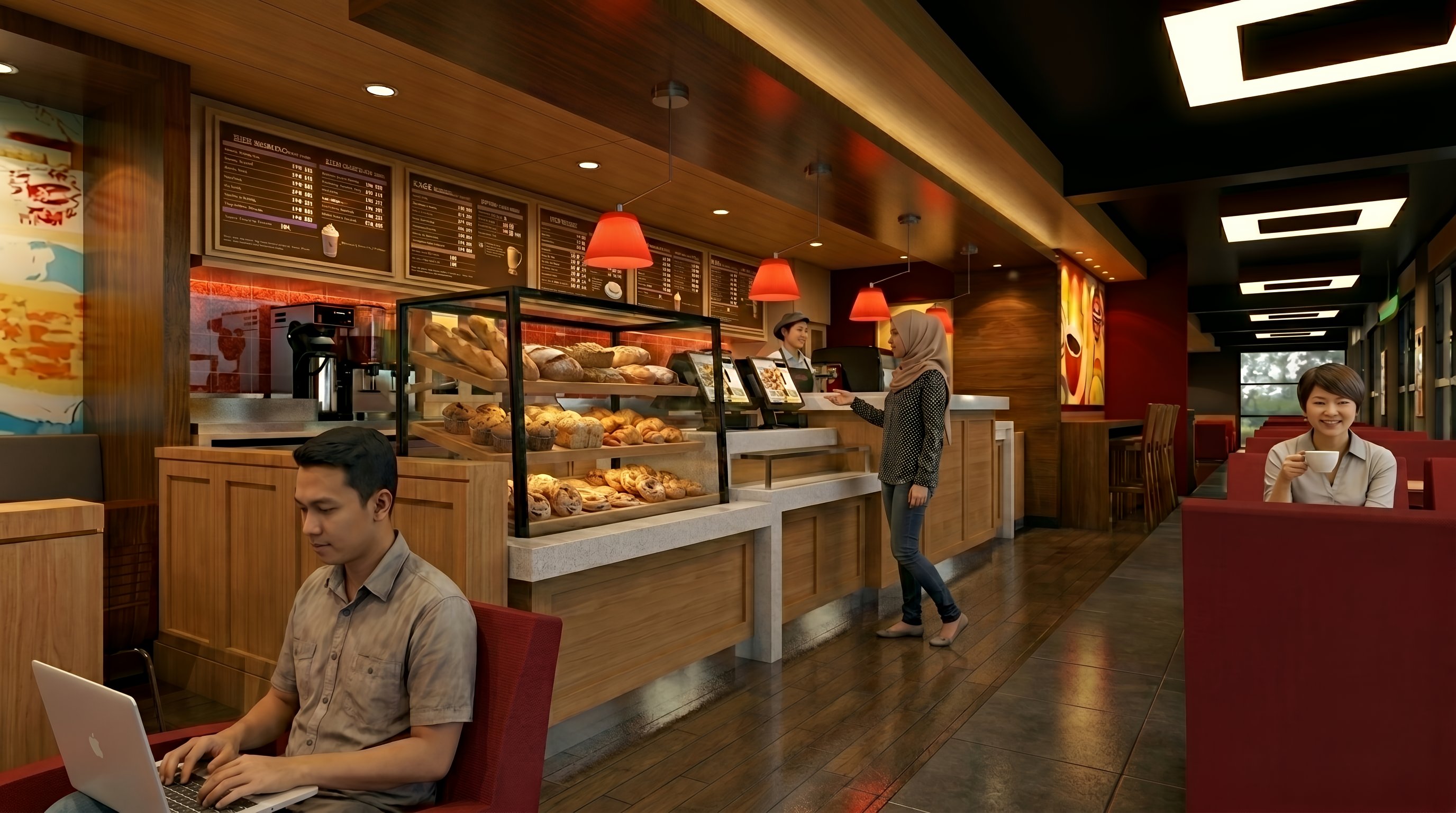 Area Meja konter dan Area makan COFFEE BEAN KAREBOSI MAKASAR dengan pendekatan interior Minimalist.