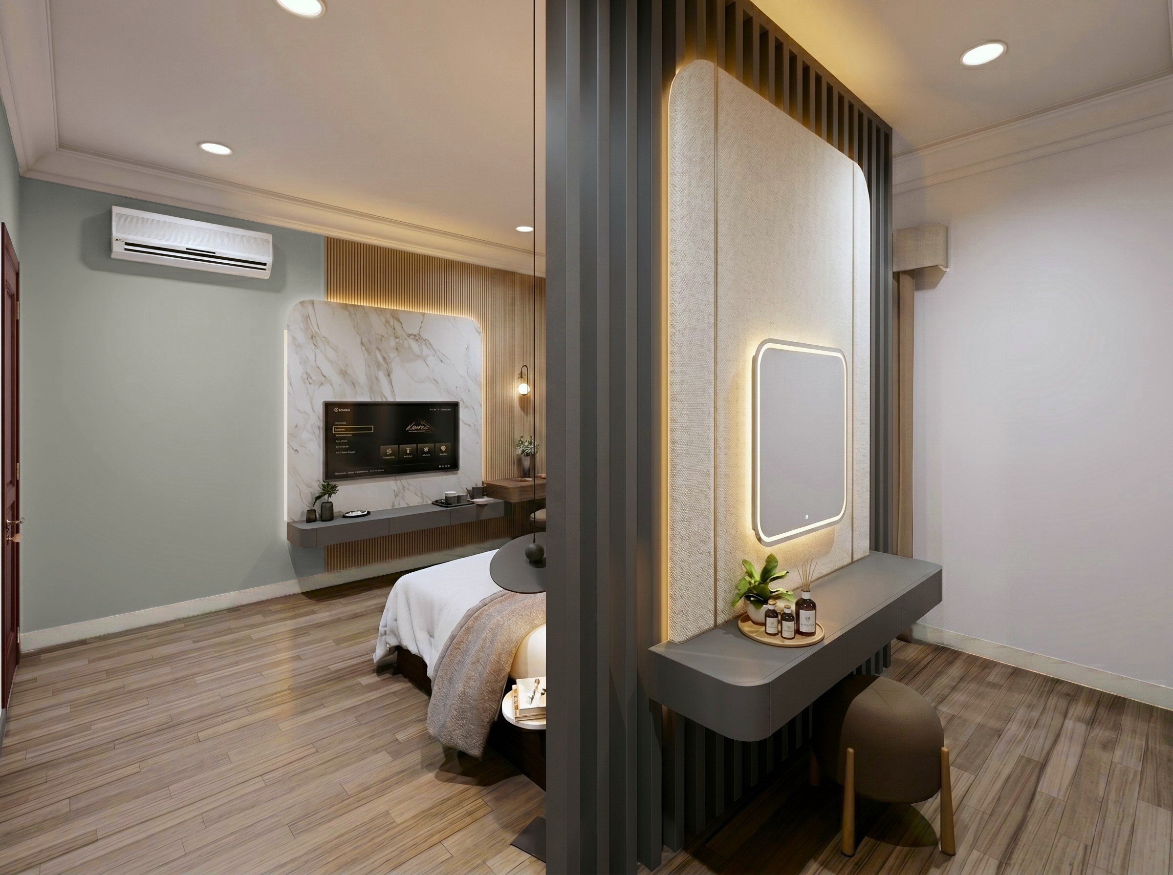 Area Meja rias dan Kamar master GRAHA FAMILY RESIDENCE dengan pendekatan interior Minimalist.