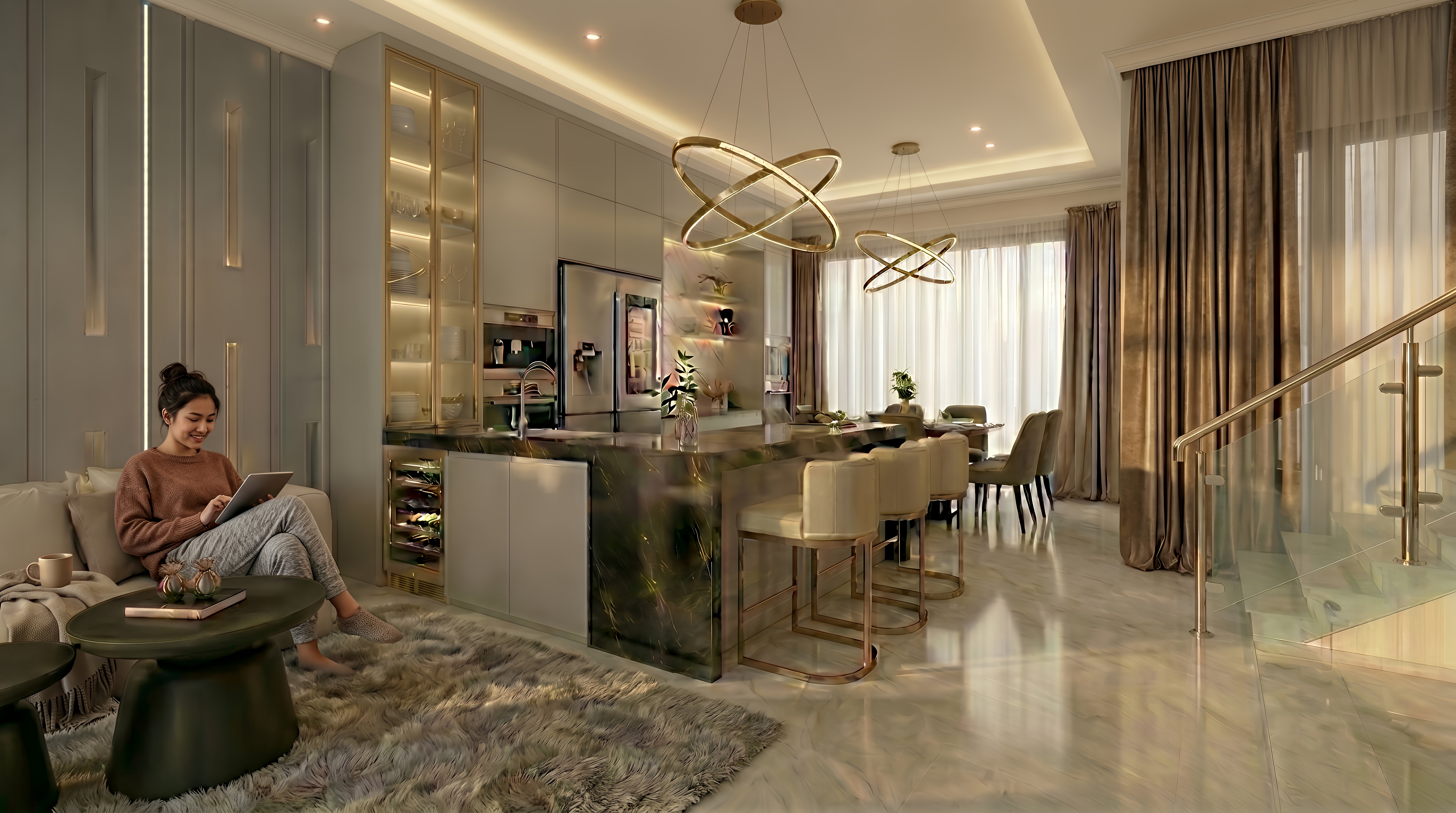 Area Dapur dan Ruang keluarga HARMONY MEWAH SERENITY RESIDENCE dengan pendekatan interior Luxury.
