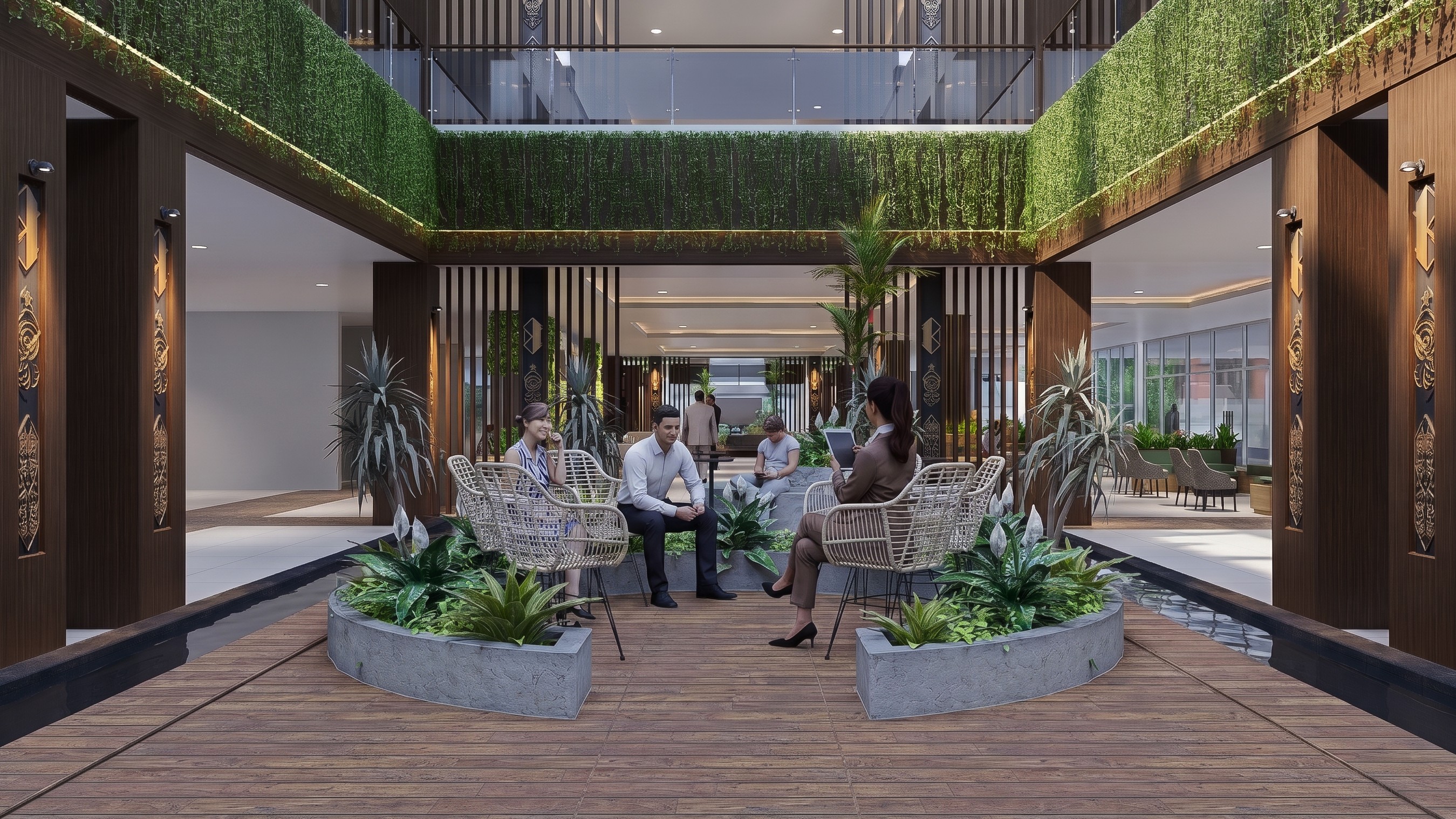 Area Ruang tunggu dan Taman KANTOR DPRD KALIMANTAN dengan pendekatan interior Contemporary.