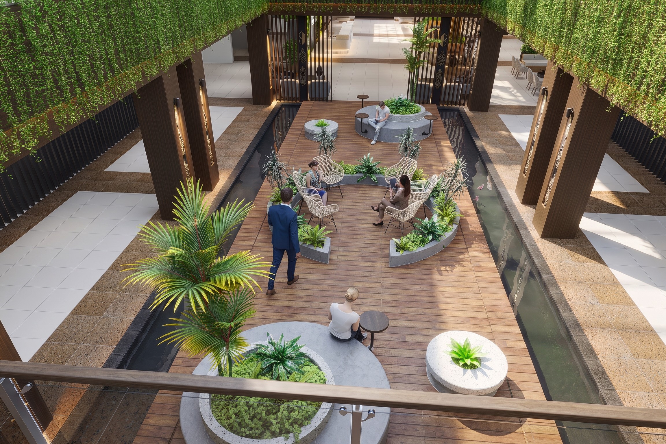 Area Ruang tunggu dan Taman KANTOR DPRD KALIMANTAN dengan pendekatan interior Contemporary.
