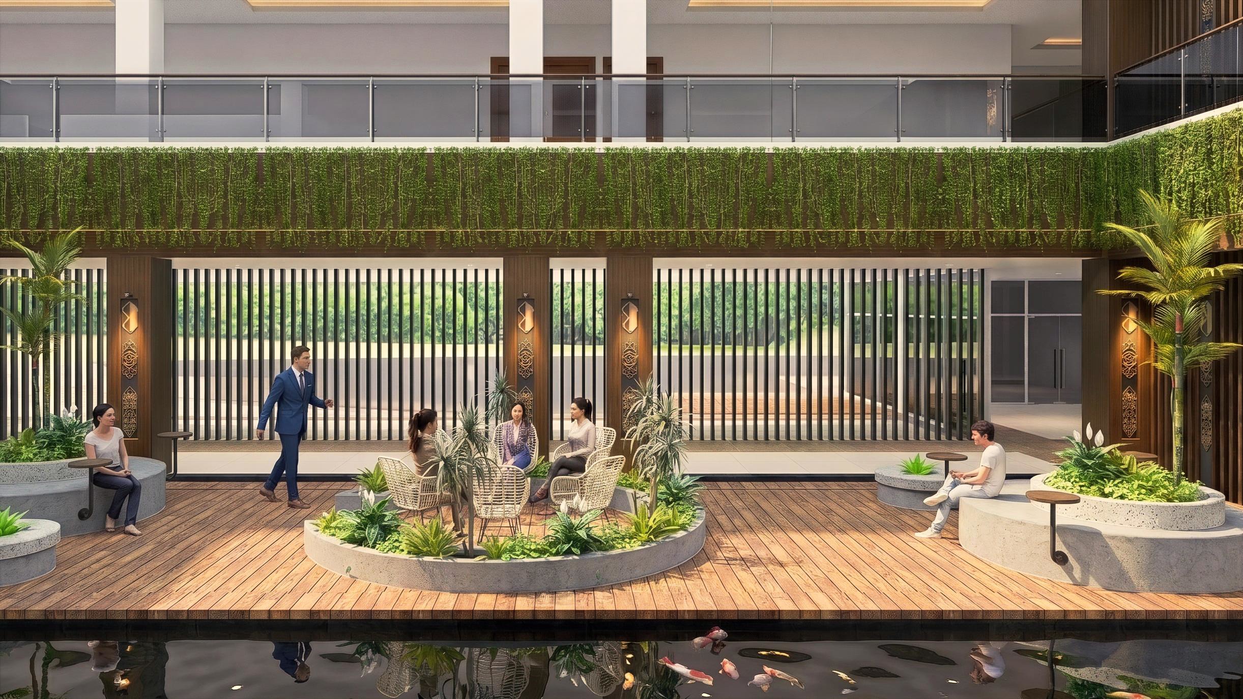 Area Ruang tunggu dan Taman KANTOR DPRD KALIMANTAN dengan pendekatan interior Contemporary.