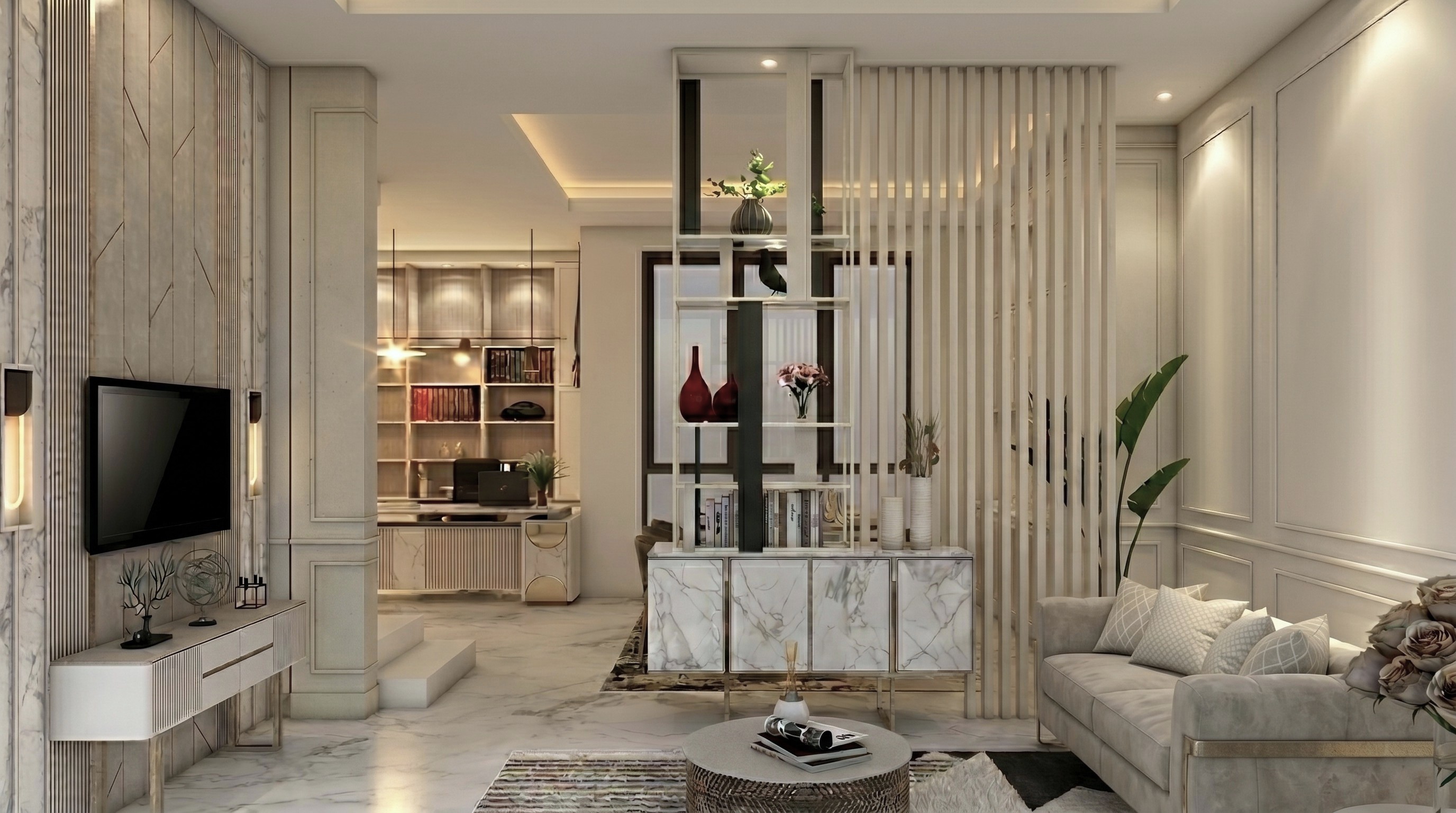 Area Ruang keluarga dan Tv wall KEMEWAHAN LEMBUT DALAM HUNIAN MODERN dengan pendekatan interior Contemporary.