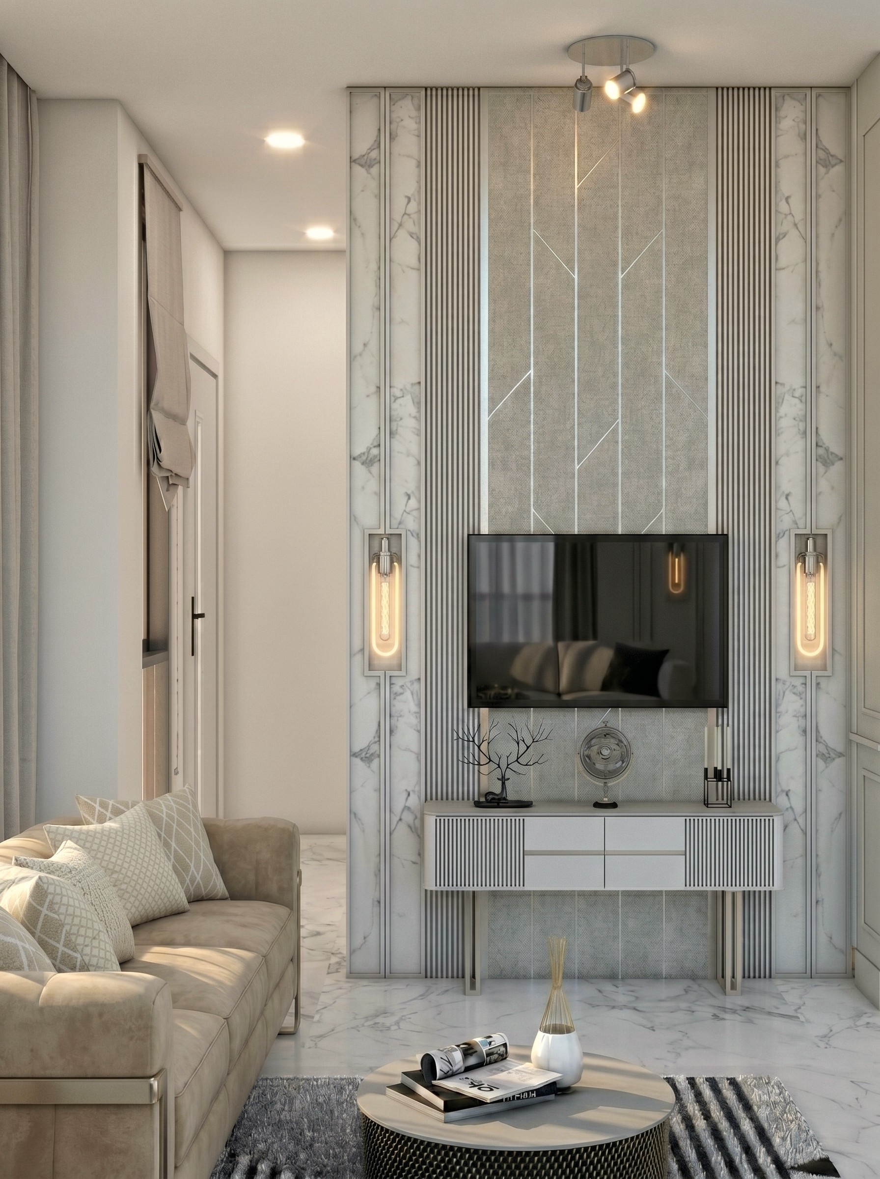 Tv wall KEMEWAHAN LEMBUT DALAM HUNIAN MODERN dengan nuansa interior Contemporary dan tata ruang yang rapi.