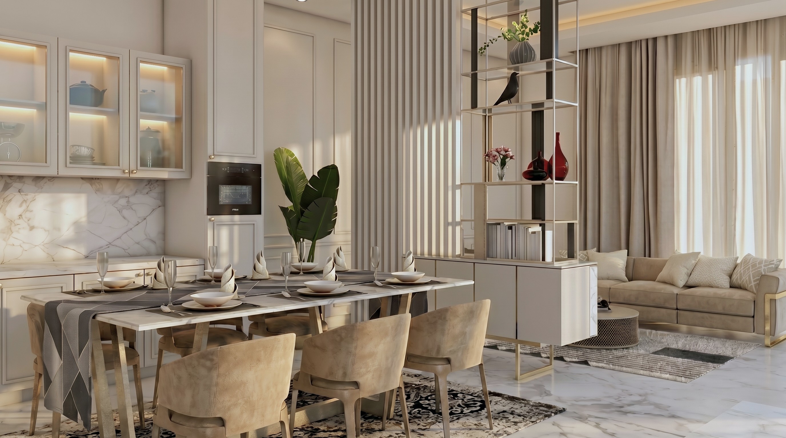 Ruang makan KEMEWAHAN LEMBUT DALAM HUNIAN MODERN dengan nuansa interior Contemporary dan tata ruang yang rapi.