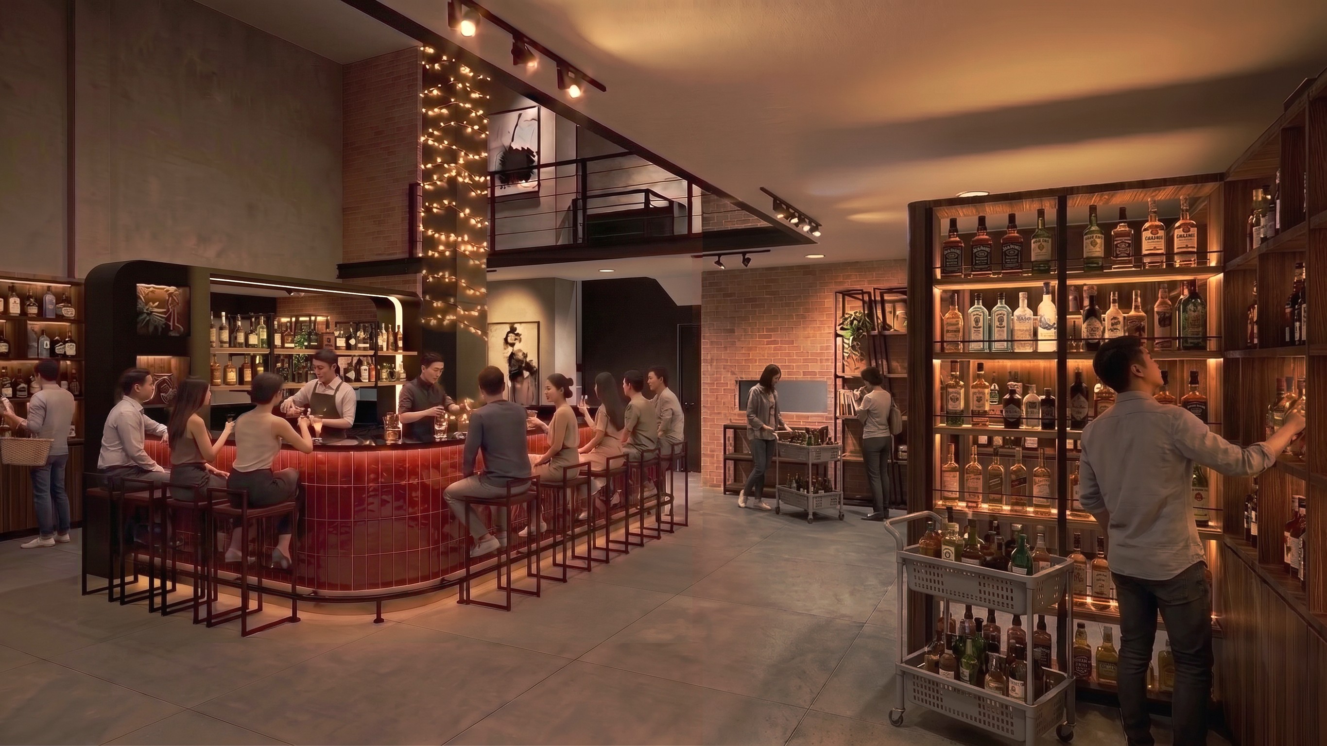 Area Meja konter dan Rak display LIQUOR SHOP SURABAYA dengan pendekatan interior Industrial.