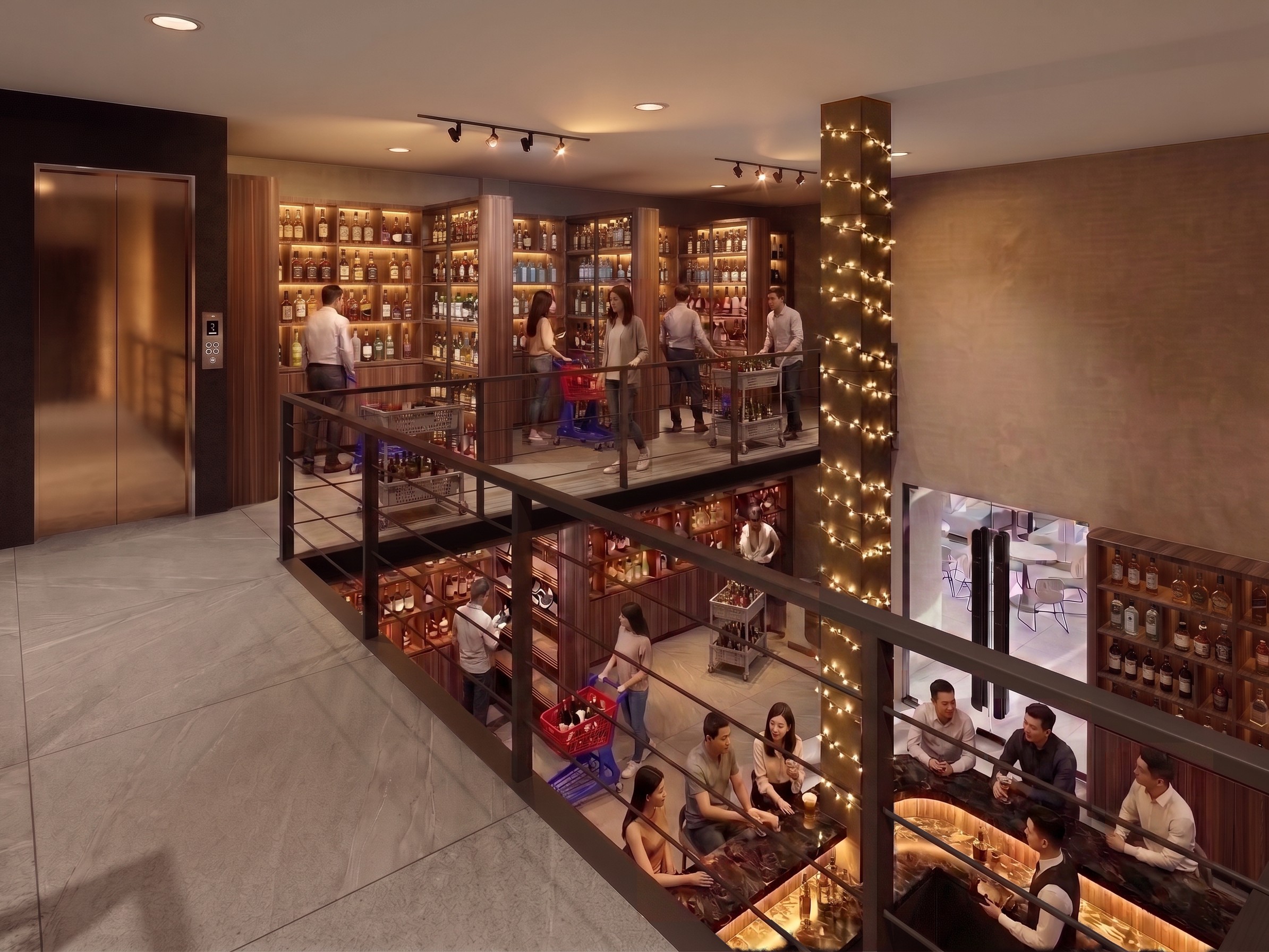 Rak display LIQUOR SHOP SURABAYA dengan nuansa interior Industrial dan tata ruang yang rapi.
