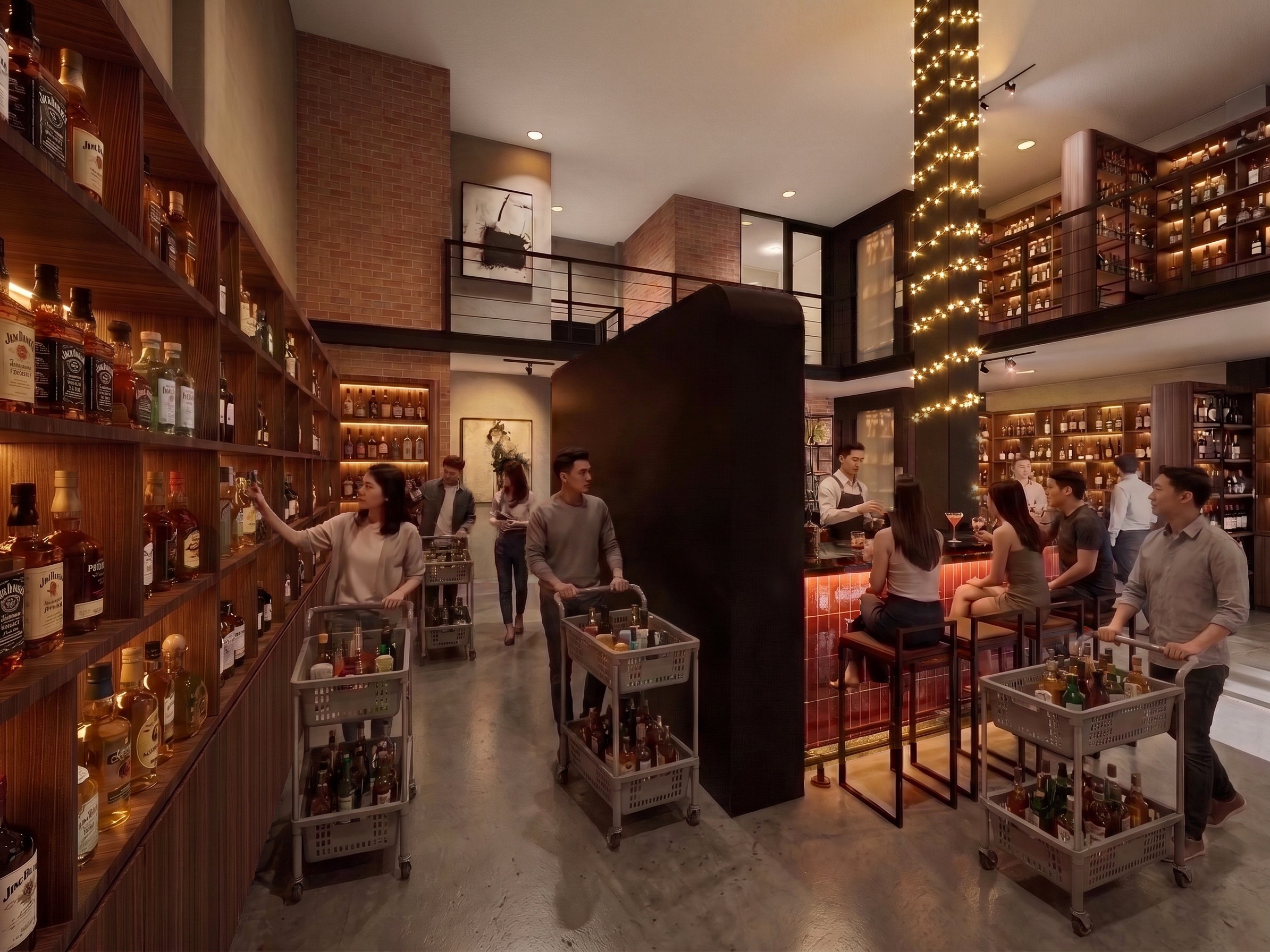 Rak display LIQUOR SHOP SURABAYA dengan nuansa interior Industrial dan tata ruang yang rapi.