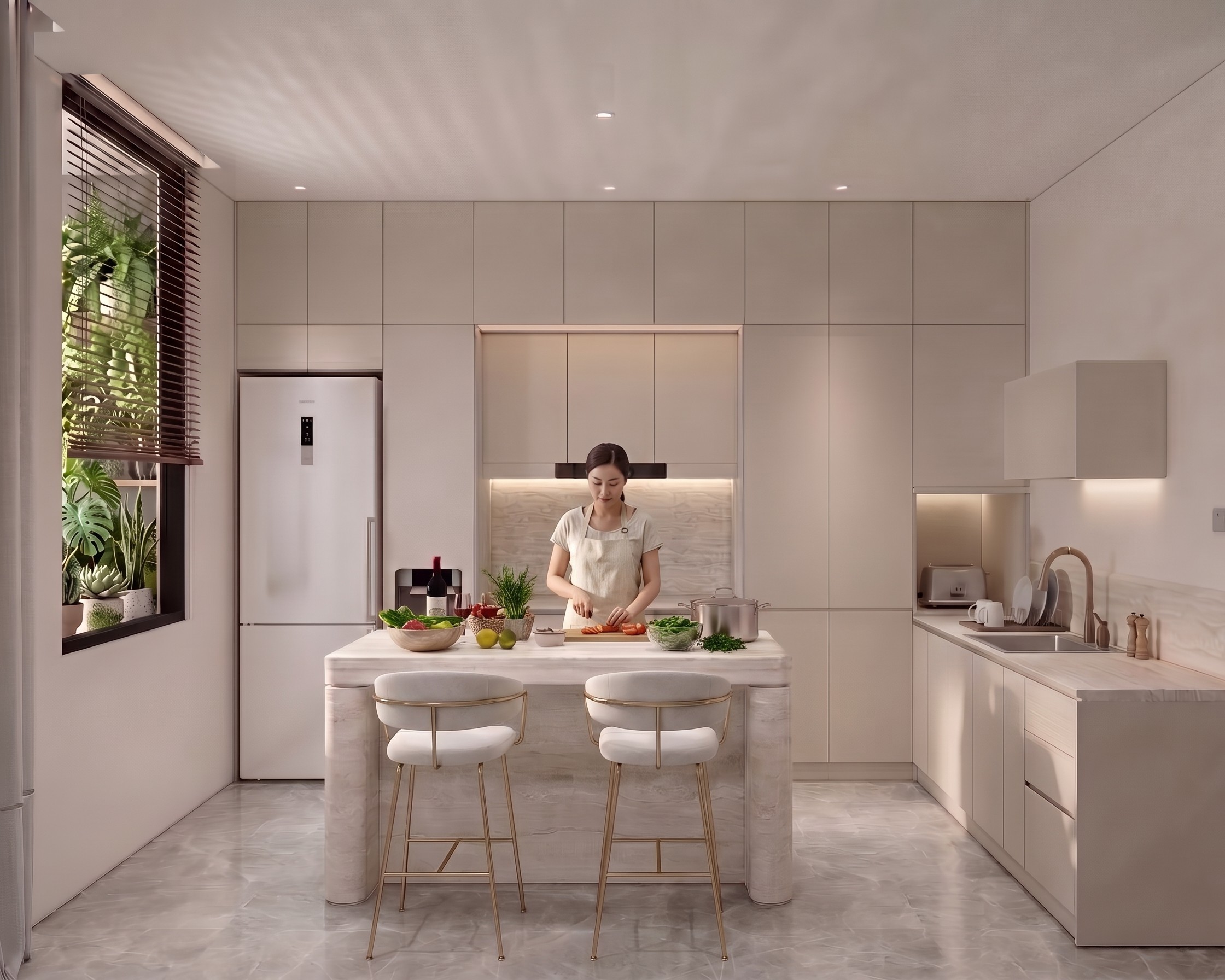 Area Dapur dan Meja island MR. REMON'S HOME INTERIOR dengan pendekatan interior Japandi.