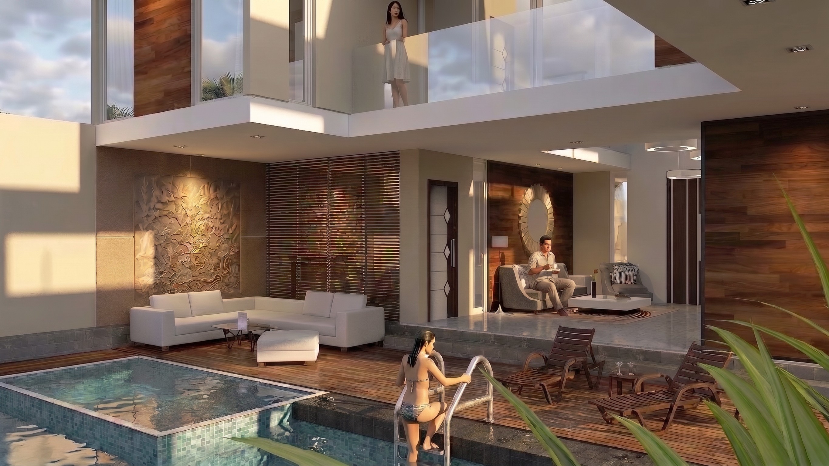 Area Ruang keluarga dan Kolam renang RONDANG'S HOUSE BALIKPAPAN dengan pendekatan interior Modern.