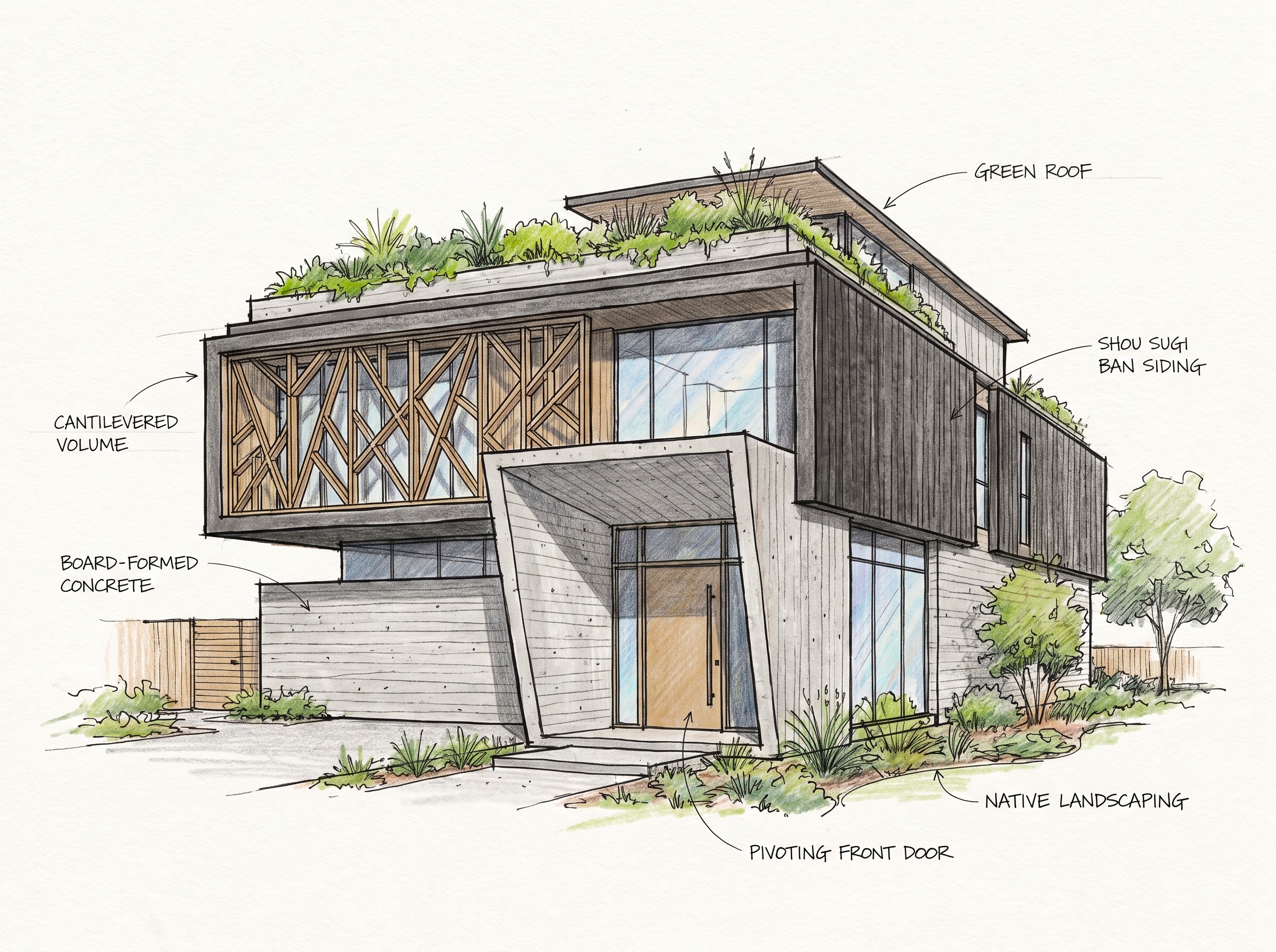 Sketsa konsep RUMAH KAYU MODERN dengan nuansa interior Contemporary dan tata ruang yang rapi.