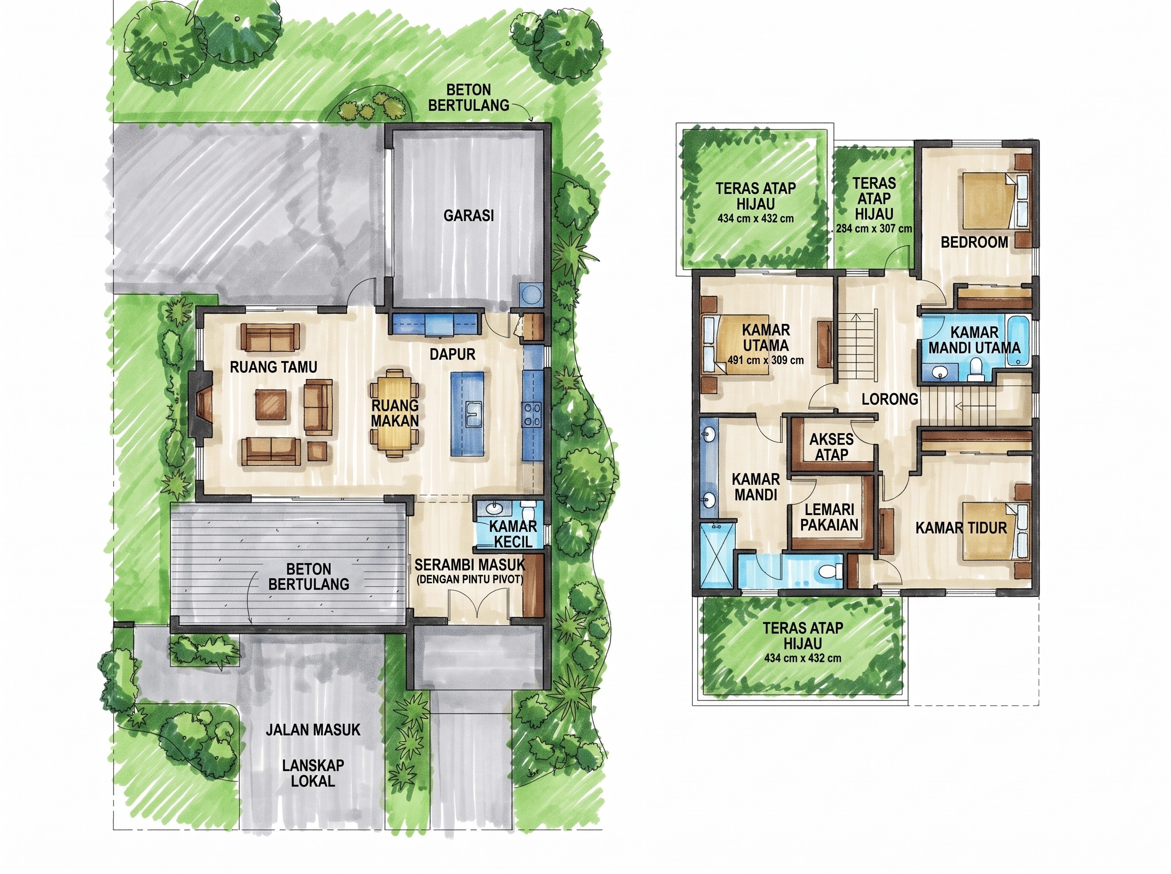 Denah rumah RUMAH KAYU MODERN dengan nuansa interior Contemporary dan tata ruang yang rapi.