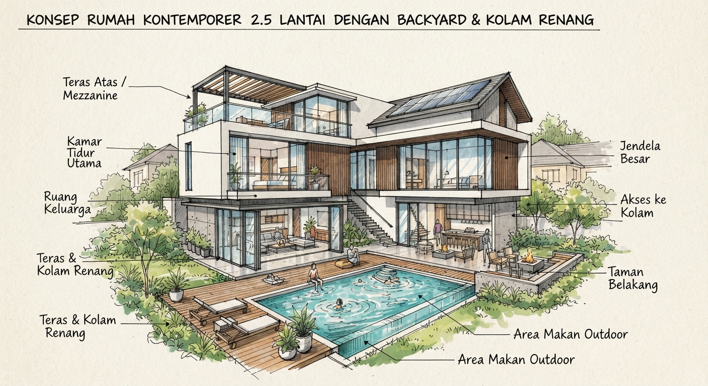 Area Kolam renang dan Sketsa konsep Rumah Kontemporer Galaxy dengan pendekatan interior Contemporary.