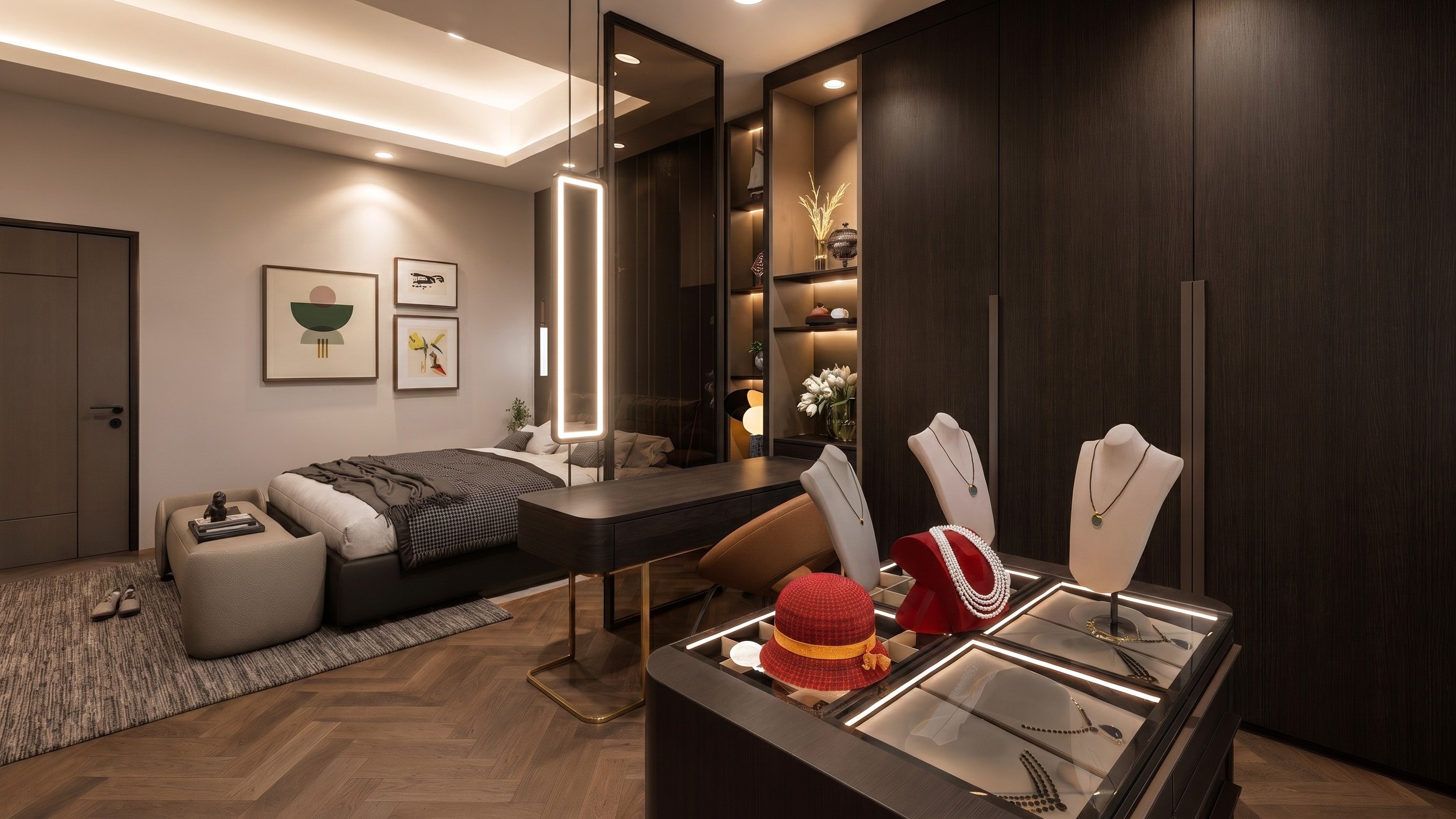Area Wardrobe dan Kamar master RUMAH WELIRANG dengan pendekatan interior Minimalist.