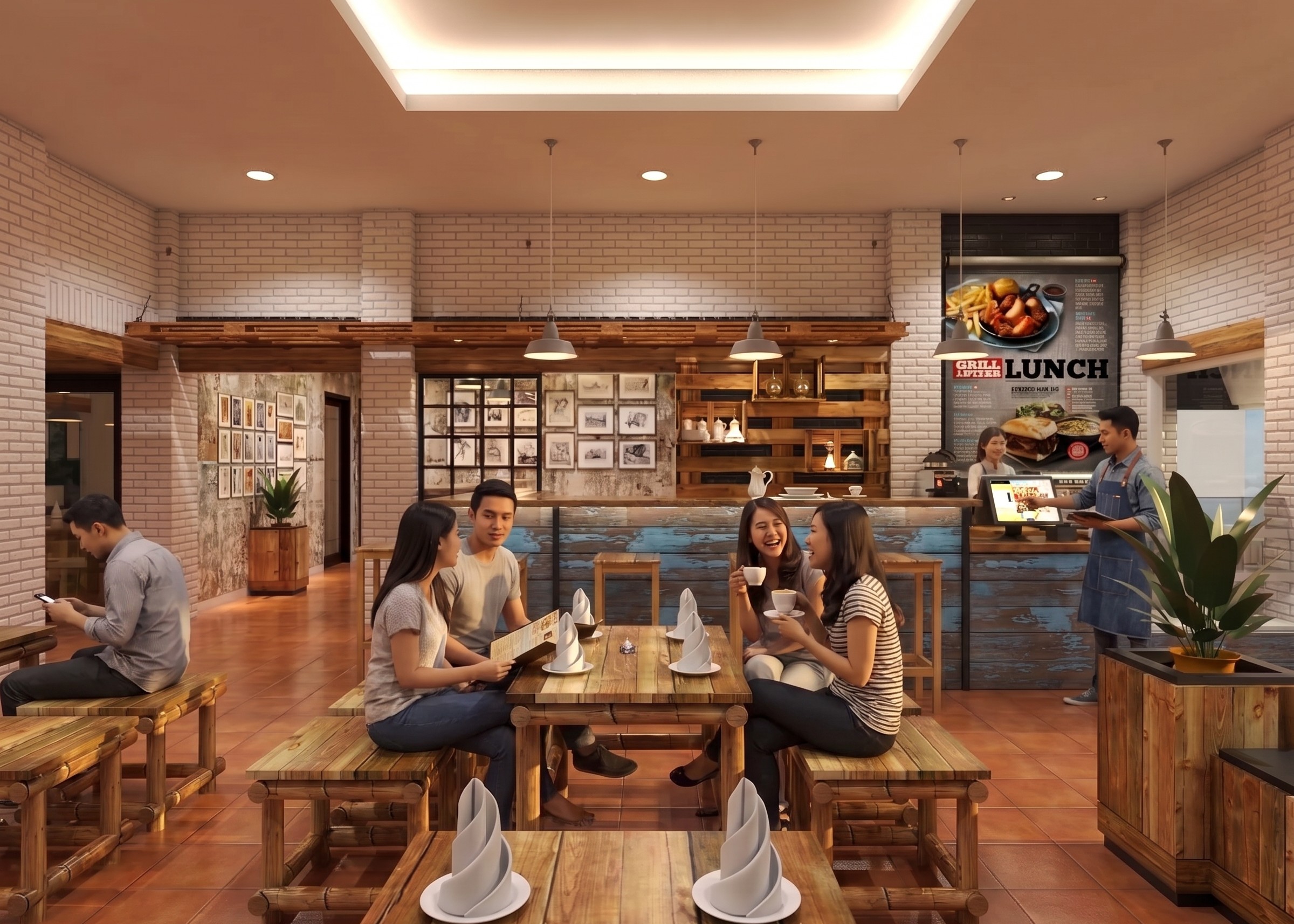 Area Area makan dan Meja konter VINTAGE GARDEN CAFE dengan pendekatan interior Vintage.