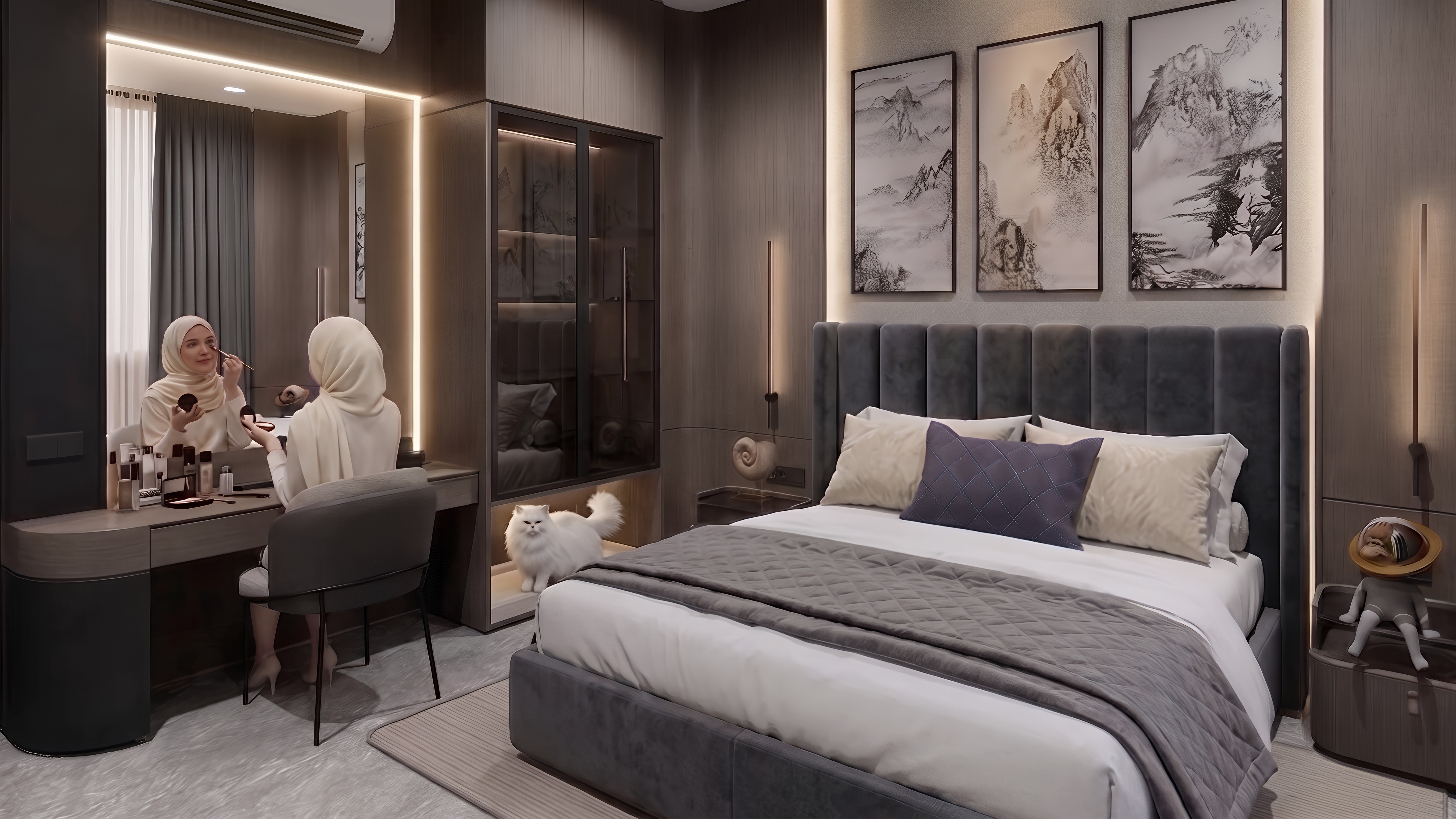Area Meja rias dan Kamar master WOODLAND CITRALAND dengan pendekatan interior Minimalist.