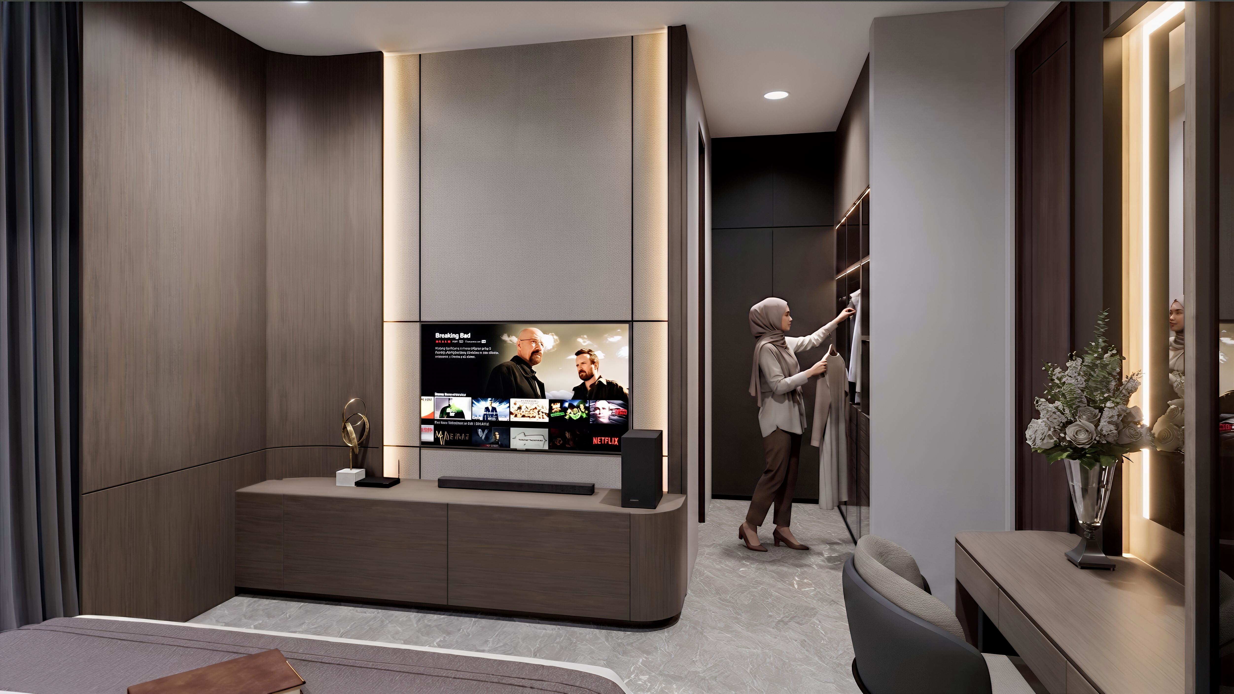 Area Tv wall dan Meja rias WOODLAND CITRALAND dengan pendekatan interior Minimalist.