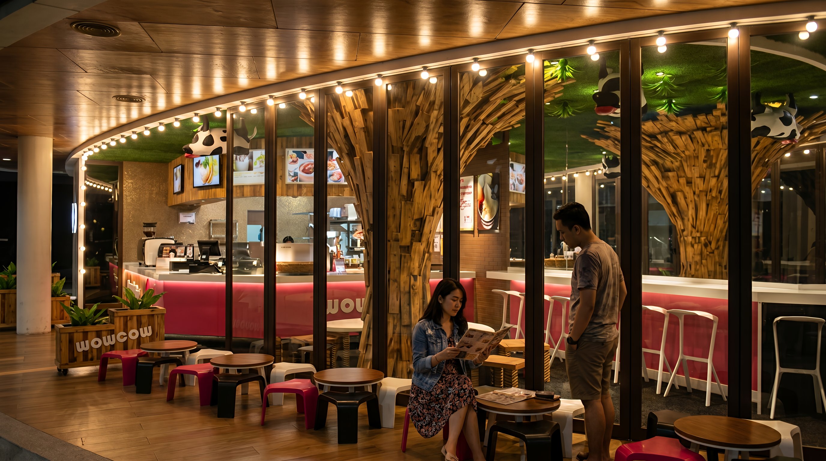 Area Area cafe dan Koridor WOWCOW CAFE BEACHWALK KUTA BALI dengan pendekatan interior Contemporary.